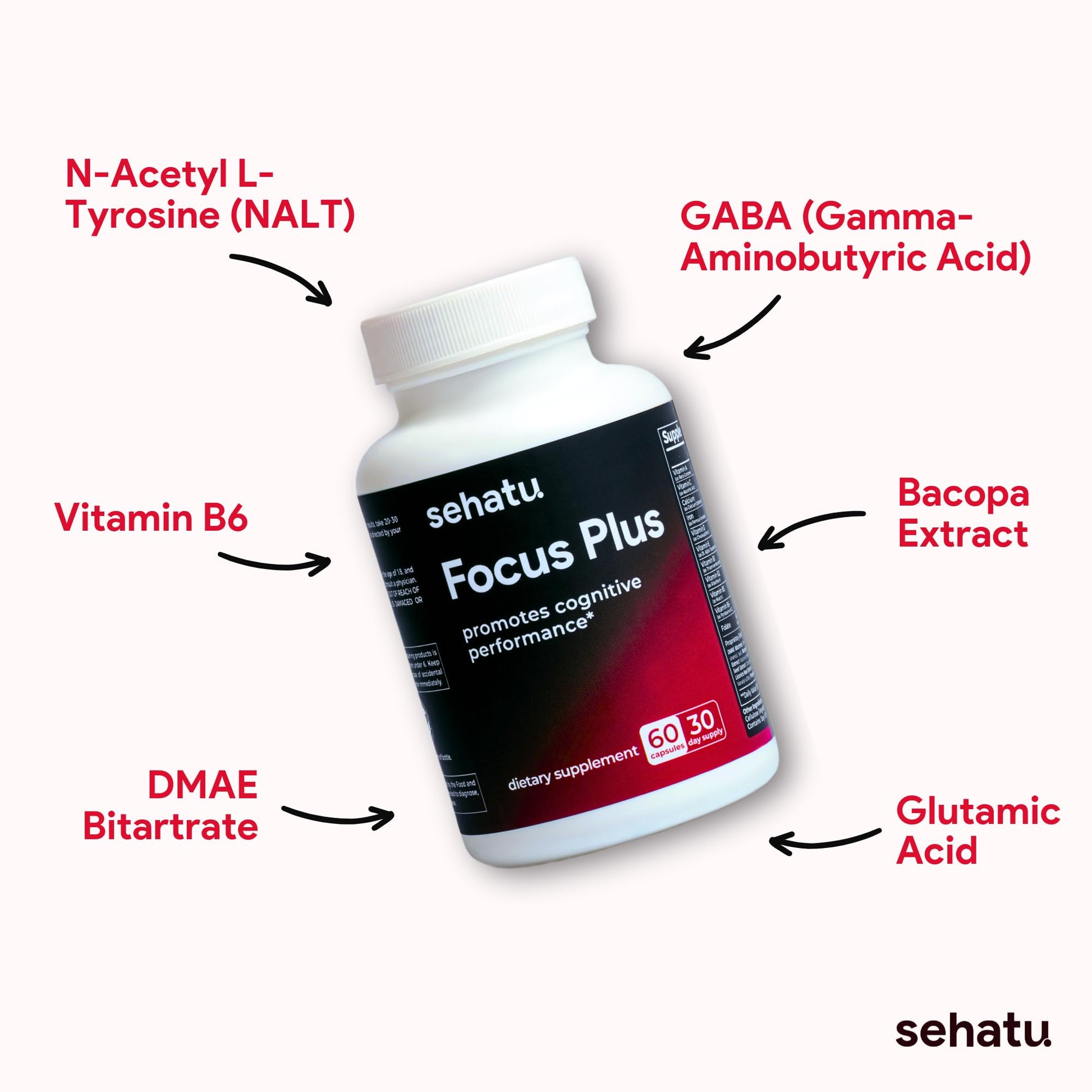 SEHATU Focus Plus Cognitive Performance Enhancer | with N-Acetyl L-Tyrosine, DMAE Bitartrate, GABA, Glutamic Acid | Boosts Focus, Enhances Memory, Supports Brain Health | 60 Count | 30 Day Supply SEHATU Au supplements