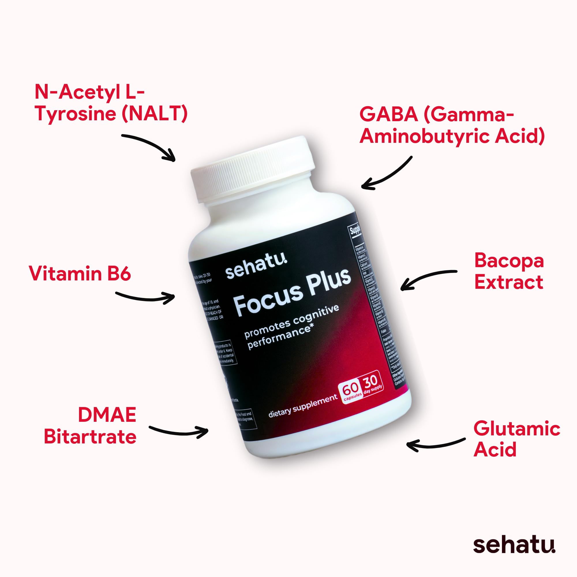 SEHATU Focus Plus Cognitive Performance Enhancer | with N-Acetyl L-Tyrosine, DMAE Bitartrate, GABA, Glutamic Acid | Boosts Focus, Enhances Memory, Supports Brain Health | 60 Count | 30 Day Supply SEHATU Au supplements
