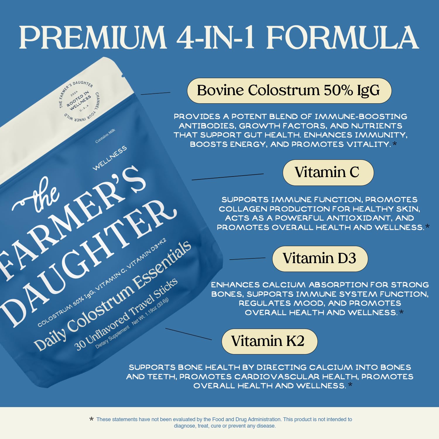 THE FARMER'S DAUGHTER Colostrum Powder | Unflavored | Gut Health & Bloating | Hair, Skin & Nails | Immunity Supplement | 30 Individual Travel Stick Packs THE FARMER'S DAUGHTER Au supplements
