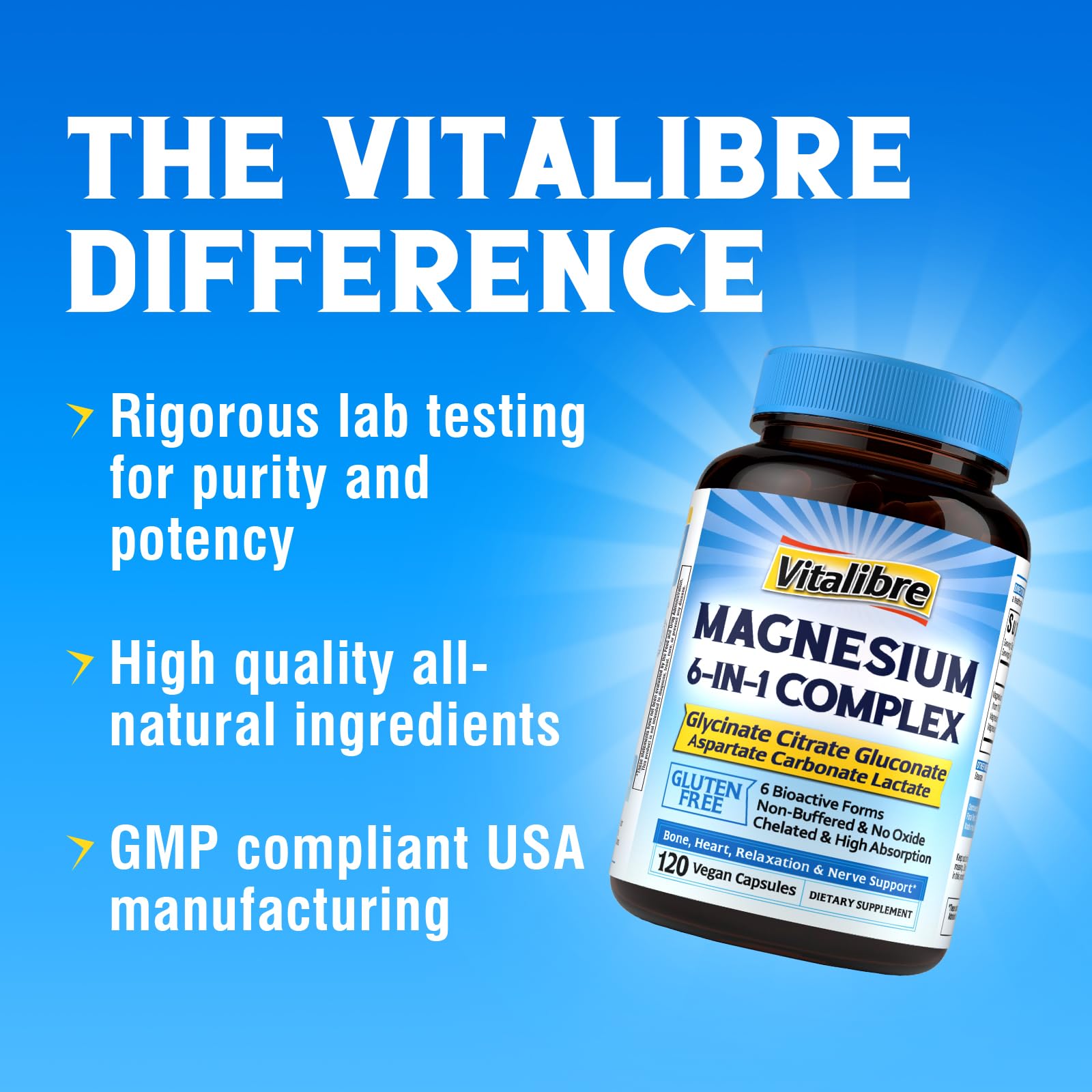 Vitalibre 6 in 1 Magnesium Complex for Women Men, 260mg Elemental Magnesium | Max Absorption | Chelated Magnesium Supplement for Bone, Relaxation & Nerves Support | Non-GMO, 120 Vegan Capsules Vitalibre Au supplements