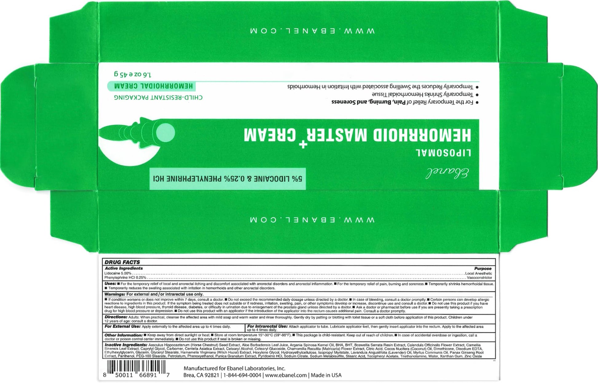 Ebanel 5% Lidocaine Hemorrhoid Treatment Cream with Witch Hazel, Phenylephrine, Horse Chestnut, Vitamin B6, Zinc Oxide, External and Internal Hemorrhoids Treatment Burn Itch Pain Relief Anal Cream Ebanel buy supplements Au