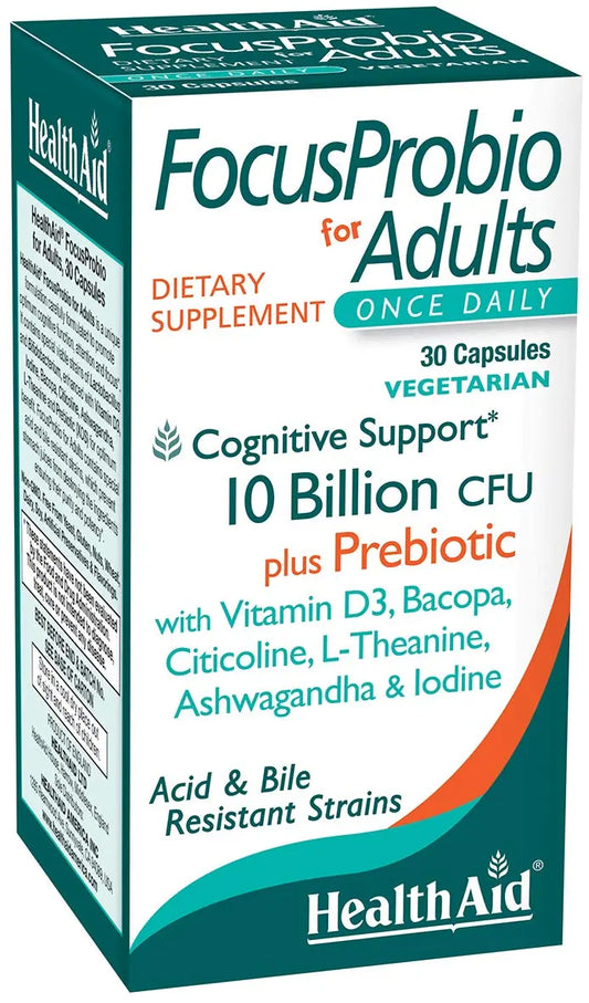 FocusProbio for Adults – 10 Billion CFU Probiotic with Prebiotic, Bacopa, Citicoline, L‑Theanine, Ashwagandha & Vitamin D₃ | Supports Focus, Mood & Gut-Brain Balance – Vegetarian, Once Daily HealthAidAu supplements