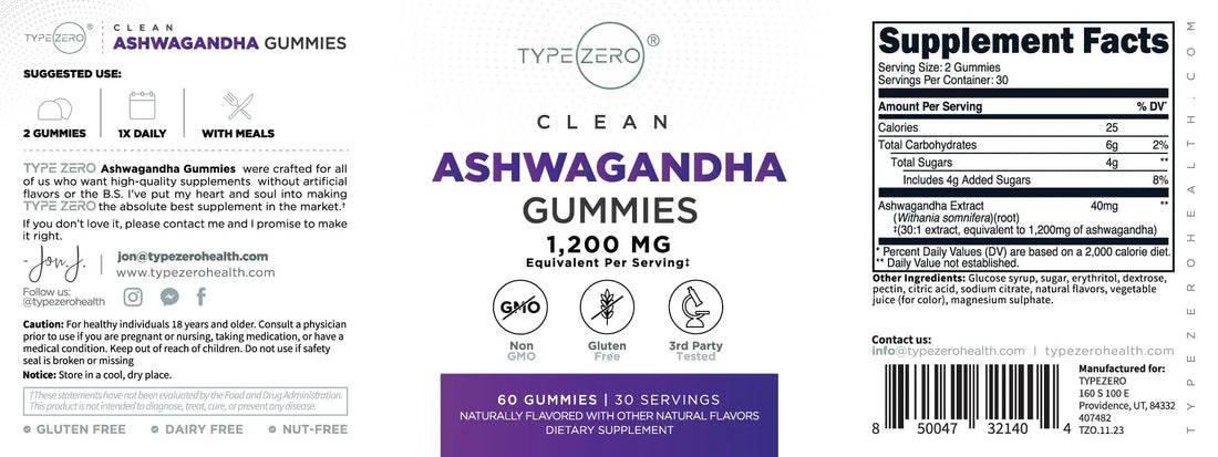Type Zero Ashwagandha Gummies 1,200mg, 60 Gummies - Ashwagandha Herbal Extract Supplement - 30 Servings, Gluten Free, Non-GMO Type Zero Au supplements
