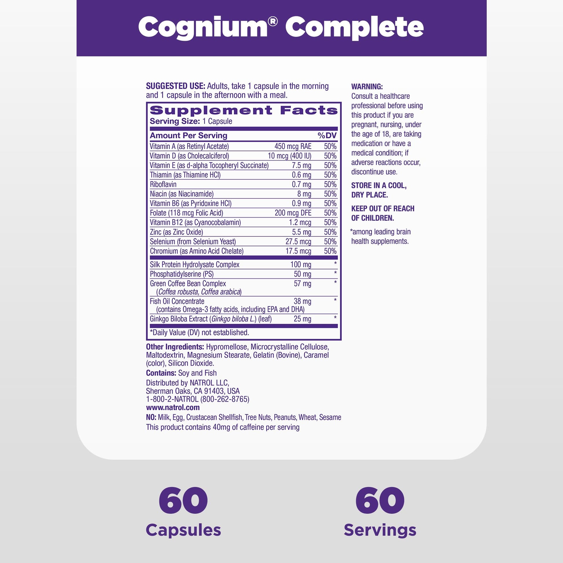 Natrol Cognium Complete, Dietary Supplement for Brain Health, Brain Health Supplements for Adults, 60 Capsules, 30 Day Supply Natrol Au supplements