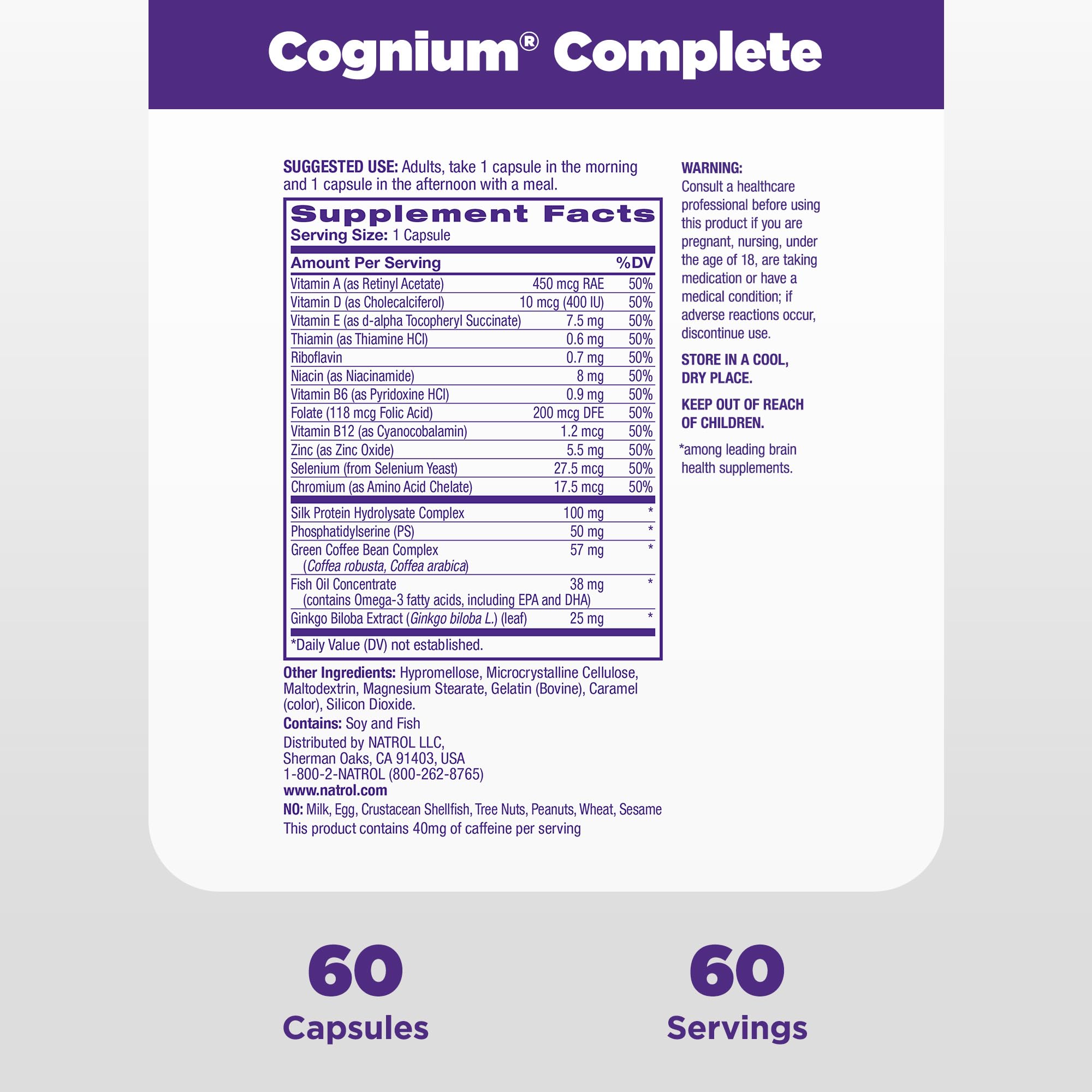 Natrol Cognium Complete, Dietary Supplement for Brain Health, Brain Health Supplements for Adults, 60 Capsules, 30 Day Supply Natrol Au supplements