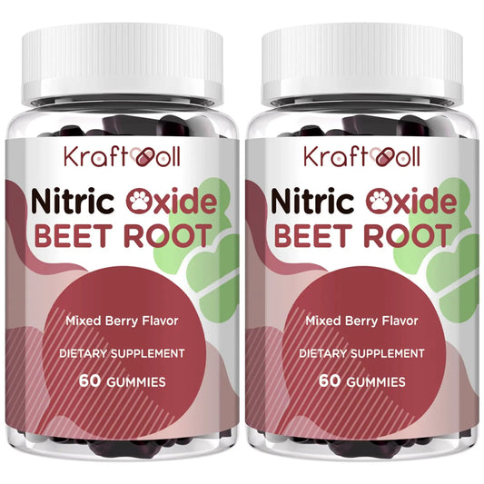 Two bottles of Kraftoll Nitric Oxide Beet Root dietary supplements on a white background