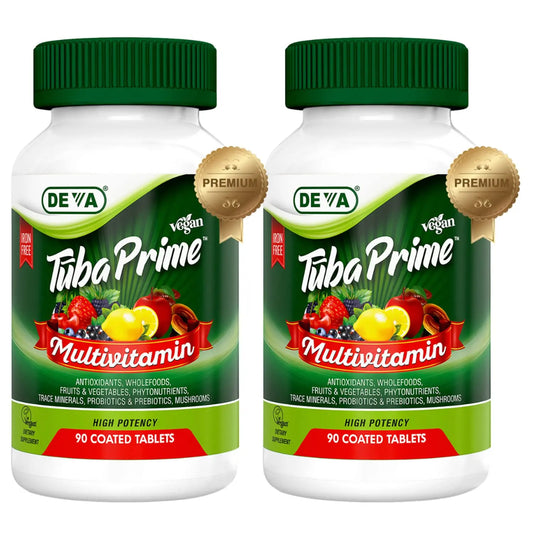 DEVA Tuba Prime Vegan Multivitamin Iron-Free High-Potency Vitamin & Mineral Dietary Supplement Antioxidants, Fruit & Veg Blend, Super Mushrooms, Probiotics, Prebiotics, Seeds, Herbs 90 Tabs 2-Pack DEVAAU supplements