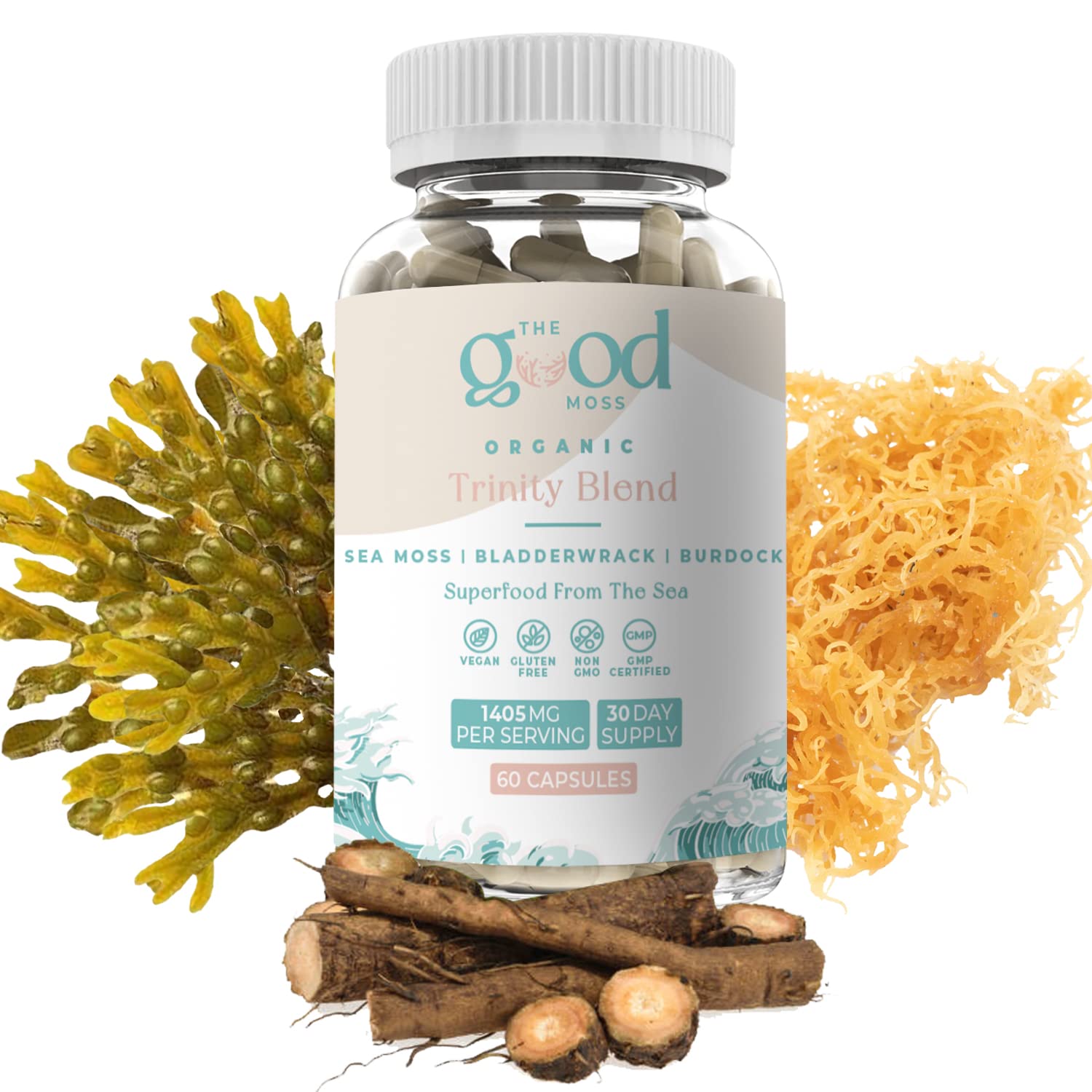 Trinity Blend Superfood -Sea Moss, Bladderwrack and Burdock Root Supplement for Overall Health Support, Hair, Skin and Nails 60ct The Good Moss Au supplements