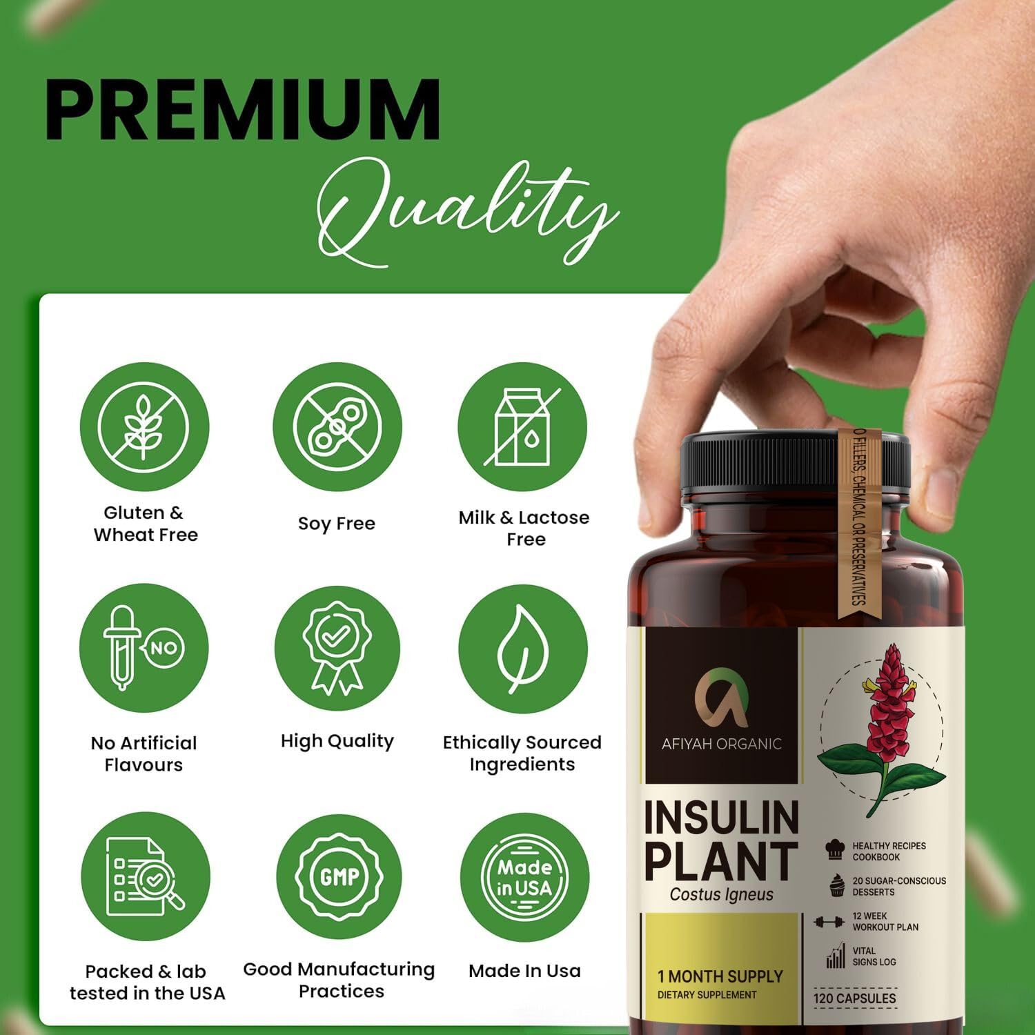 Afiyah Organic - Premium Quality Costus Igneus (Insulin Plant) Capsules - Easy to Swallow 120 Veggie Capsules (1 Month Supply) - Made in the USA - Including Complete Health Support Program Afiyah Organic Au supplements