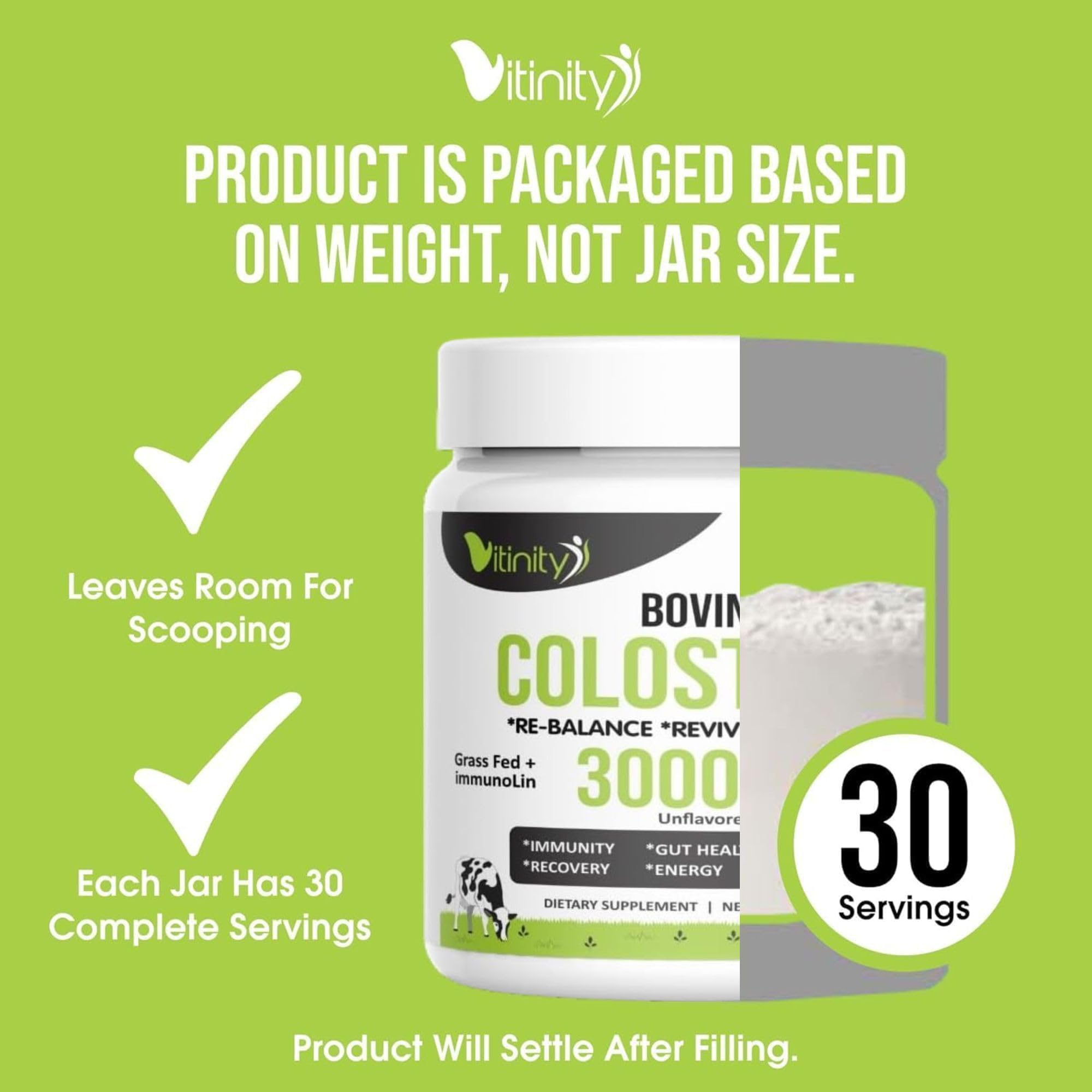 VITINITY Grass Fed Bovine Colostrum Powder for Humans 3000 mg - Natural IgG Colostrum Supplement Gut Health, Immune Support, Muscle Recovery, Wellness | Pure Colostrum Superfood,Unflavored 2 Pack VITINITY Au supplements