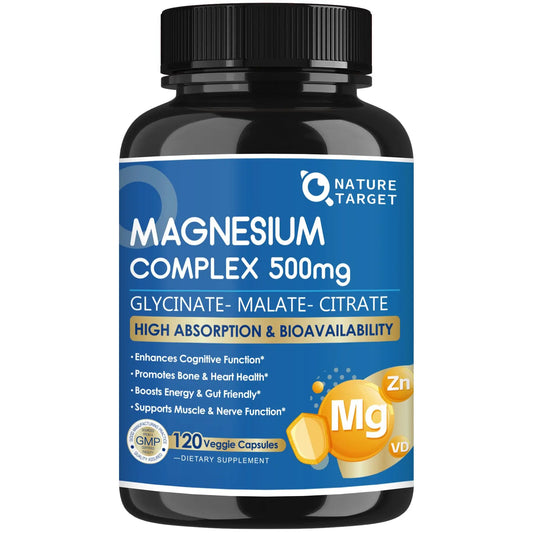 Magnesium Complex 500mg, Magnesium Glycinate, Malate & Citrate - High Absorption Chelated Triple Magnesium Supplement with Zinc, Vitamin D3 for Muscle, Nerve, Bone & Immune Support, Vegan 120 Capsules NATURE TARGETAu supplements