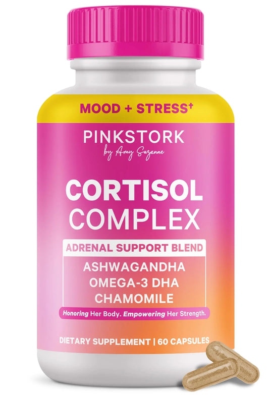 Pink Stork Cortisol Supplements for Women - Adaptogenic Adrenal Support & Hormone Balance with Organic Ashwagandha, Omega 3 DHA, Saffron, Multivitamins - Mood Support - 60 Count Pink StorkAU supplements