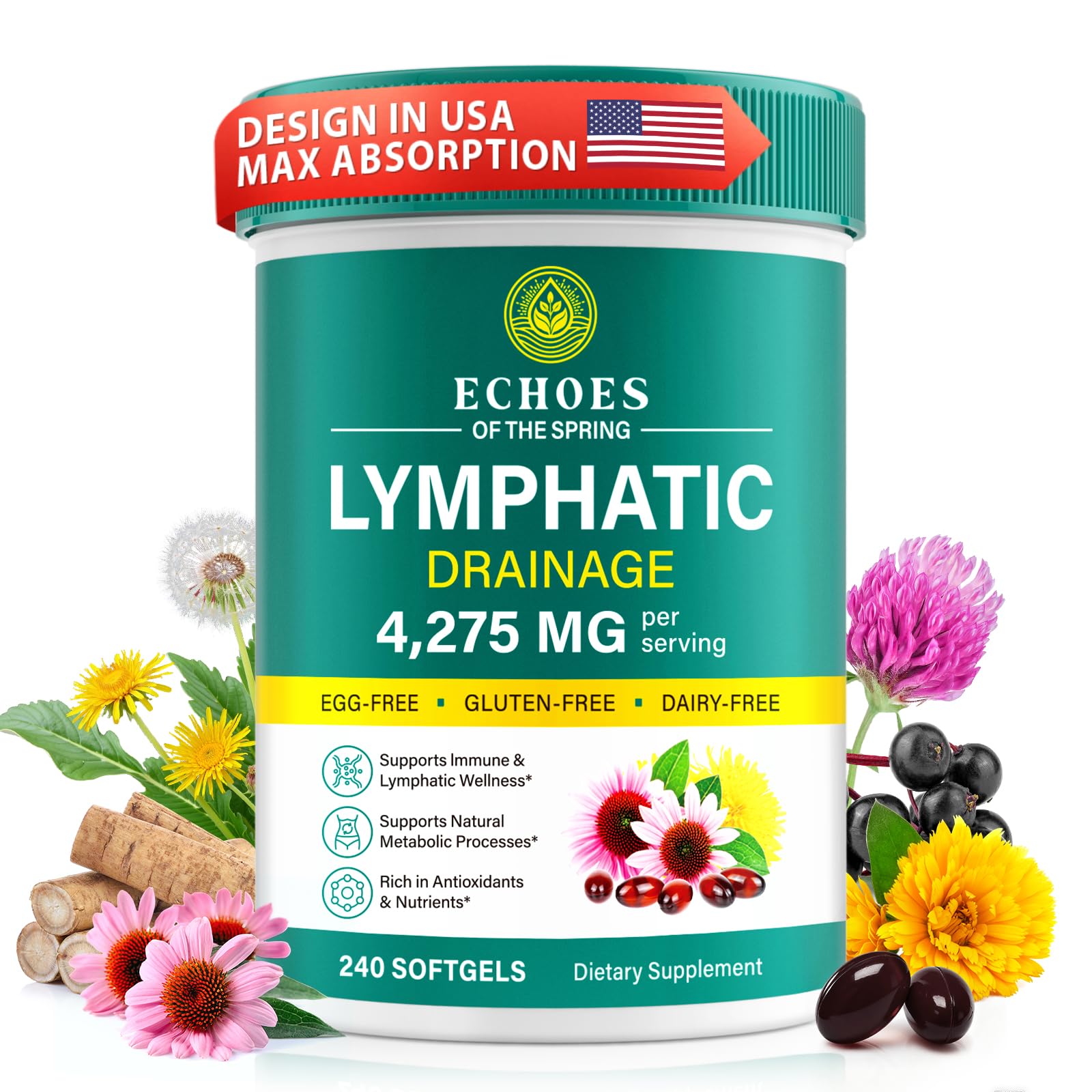 Lymphatic Drainage Supplements, 4275mg Lymph System Support Supplement for Women & Men, Daily Wellness Support, 21-in-1 Herbal Blend with Echinacea, Dandelion, Burdock, Turmeric & More, 240 Softgels Echoes of the spring Au supplements
