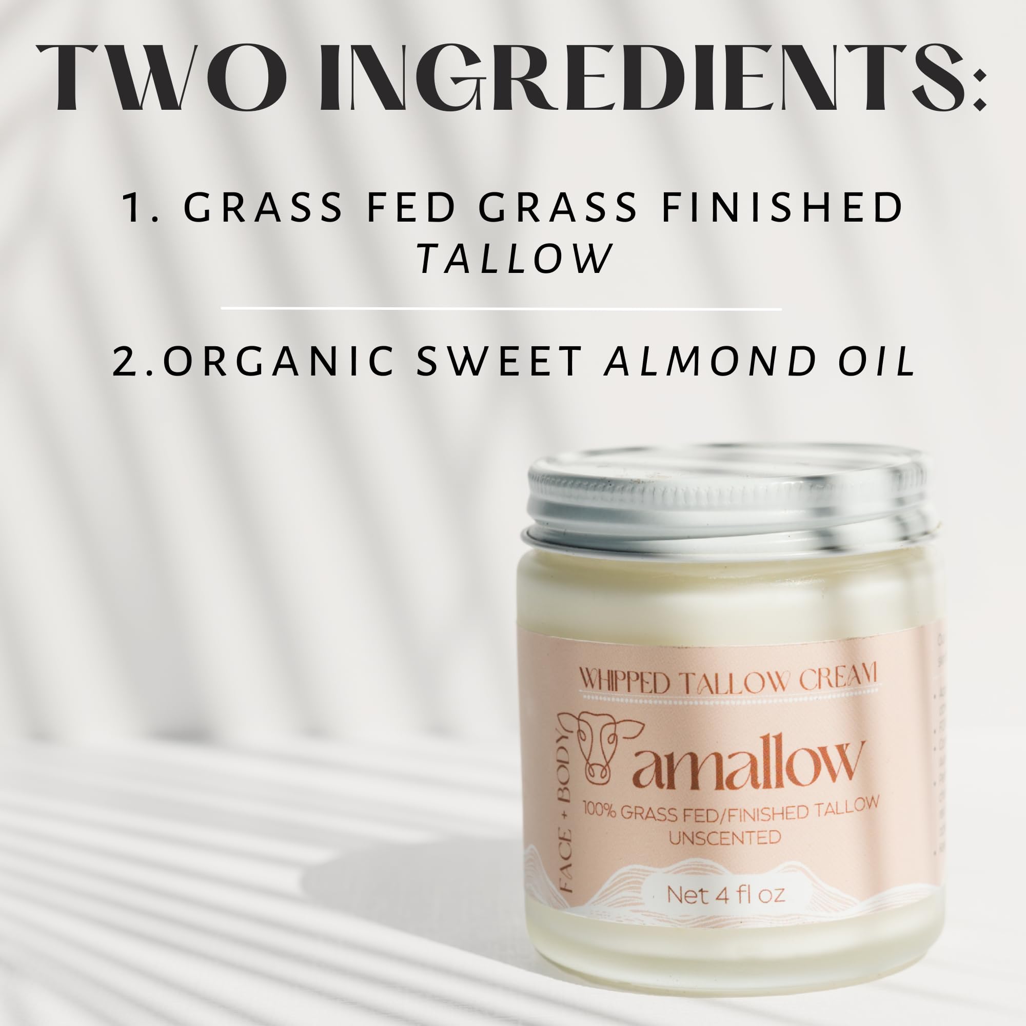 Amallow 100% Grass Fed Beef Tallow for Skin Care - Face + Body - Whipped Moisturizer for Sensitive Skin - Natural Lotion, 4 FL. oz. (Unscented)