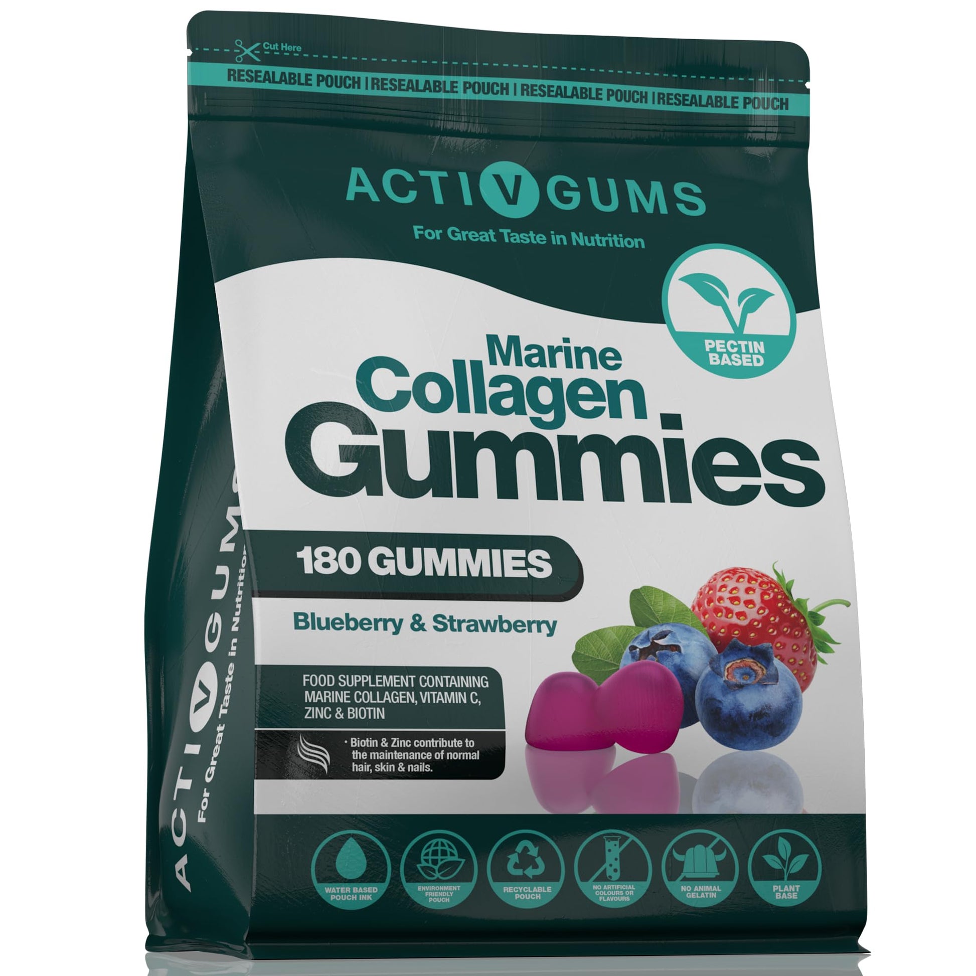 Marine Collagen Complex 180 Gummies. Strawberry & Blueberry Flavour. Resealable & Recyclable Pouch. Contains Marine Collagen, Vitamin C Activ Gums Au supplements
