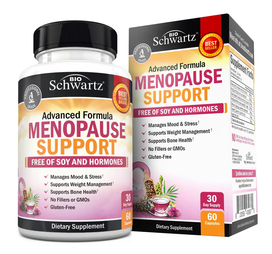 Herbal Menopause Support for Women - Supports Healthy Mood and Balance with Milk Thistle Chasteberry Black Cohosh Red Clover Turmeric Ginger - Menopause Supplements for Women - 60 Veggie Capsules BioSchwartz uk supplements