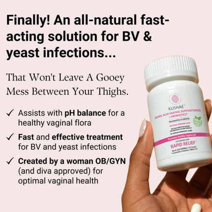 Kushae Boric Acid Suppositories + Rapid Relief, All Natural Female Suppositories with Probiotics & Aloe Vera, Relieves Discomfort & Balances pH Level Bottle Only 21 Capsules KushaeUS supplements