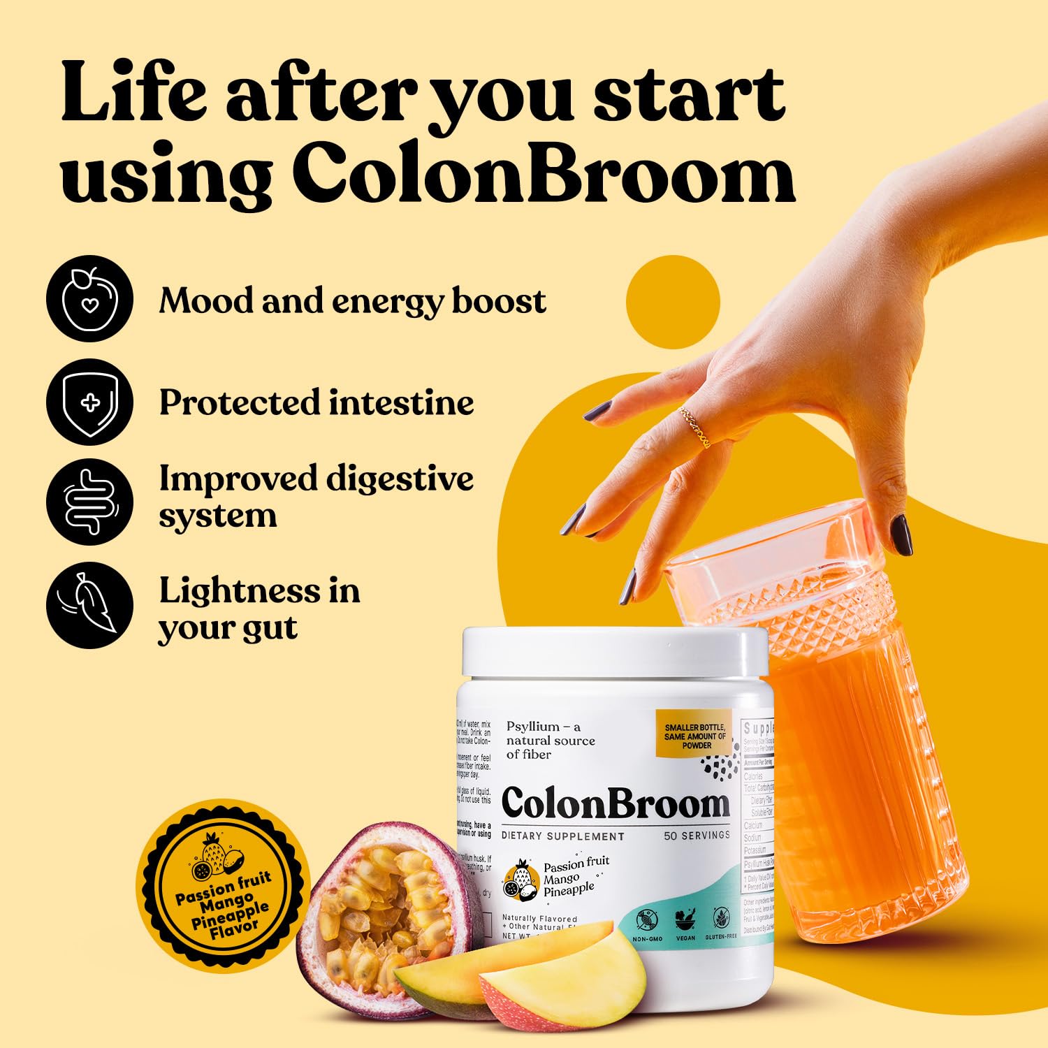 ColonBroom Psyllium Husk Powder with Stevia (Tropical Fruits) - Colon Cleanse for Bloating Relief & Gut Health - Colon Broom Fiber Powder Drink - Vegan Fiber Powder Stevia Supplement, 100 Servings ColonBroom Au supplements