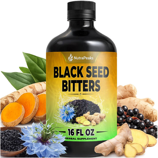 Black Seed Oil Bitters Liquid - Premium Herbal Blend with Black Seed Extract, Curcumin (Turmeric Extract), Ashwagandha, Elderberry, Probiotics, Vitamin C, Zinc...16 fl oz | Natural Botanical Blend NutraPeaksAu supplements