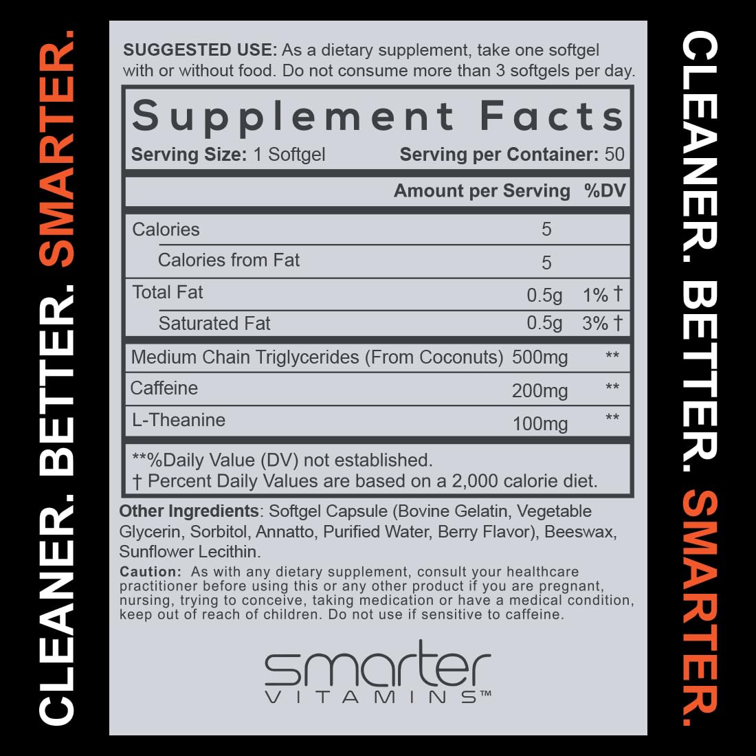 SmarterVitamins 200mg Caffeine Pills - MCT Oil from 100% Coconuts + 100mg L-Theanine, Energy and Focus, Extended Release Capsule, 50 Liquid Softgels SmarterVitamins Au supplements