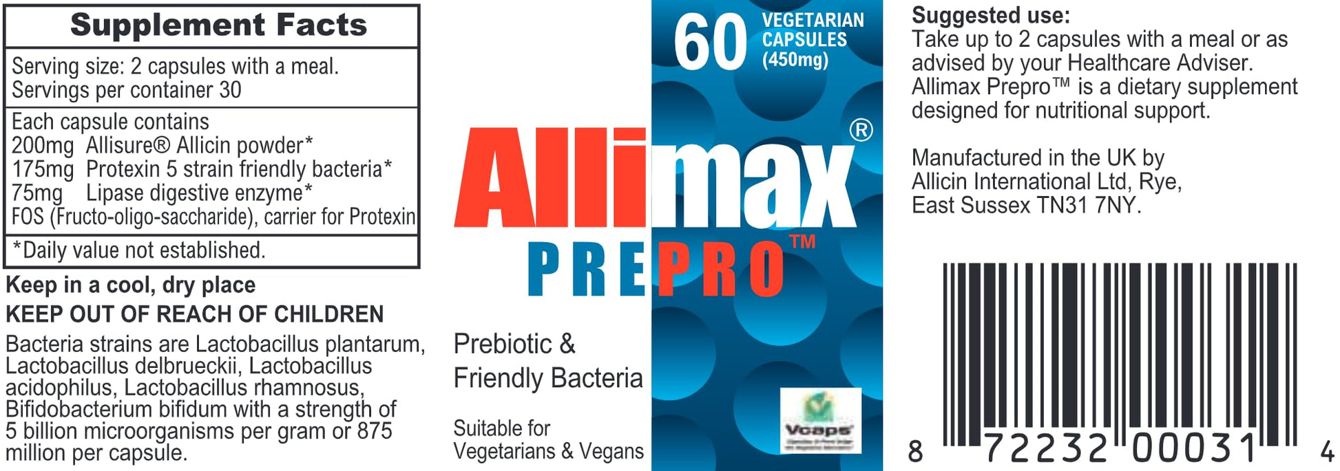 ALLIMAX Pre Pro - 60 Caps. Stabilized allicin Plus prebiotics, probiotics and Digestive enzymes. ALLIMAX Au supplements