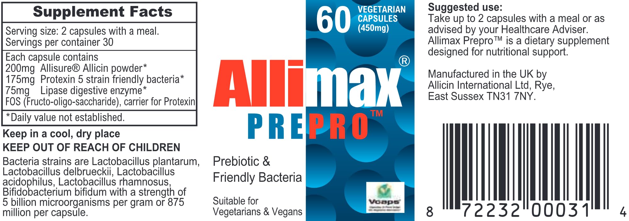 ALLIMAX Pre Pro - 60 Caps. Stabilized allicin Plus prebiotics, probiotics and Digestive enzymes. ALLIMAX Au supplements