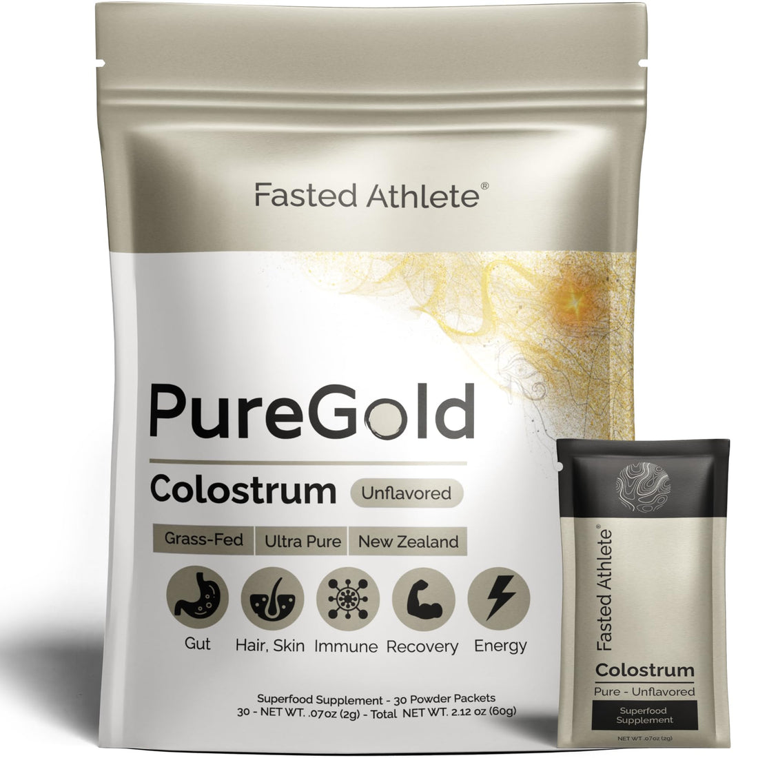 PureGold - Bovine Colostrum Powder - 100% Pure New Zealand Grass Fed, Supports Gut Health, Skin, Hair, & Immunity – Colostrum Supplement, Unflavored, 30 Travel Packets Fasted Athlete Au supplements
