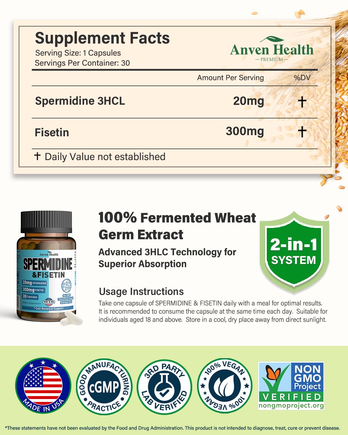 Spermidine & Fisetin Supplement - 20mg of 99% Spermidine Per Serving, 3HCL & 300mg Fisetin for Women Men Cell Renewal, Aging Defense & Longevity, Gluten Free, Non-GMO, Made in USA | 30 Veggie Caps Anven Health Au supplements