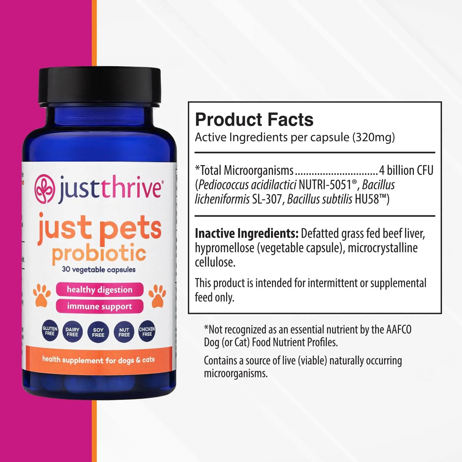 Just Thrive Just Pets Probiotic - Daily Digestive Probiotics for Dogs and Cats - 4 Billion CFUs Pet Probiotic, 30 Capsules Just Thrive Au supplements