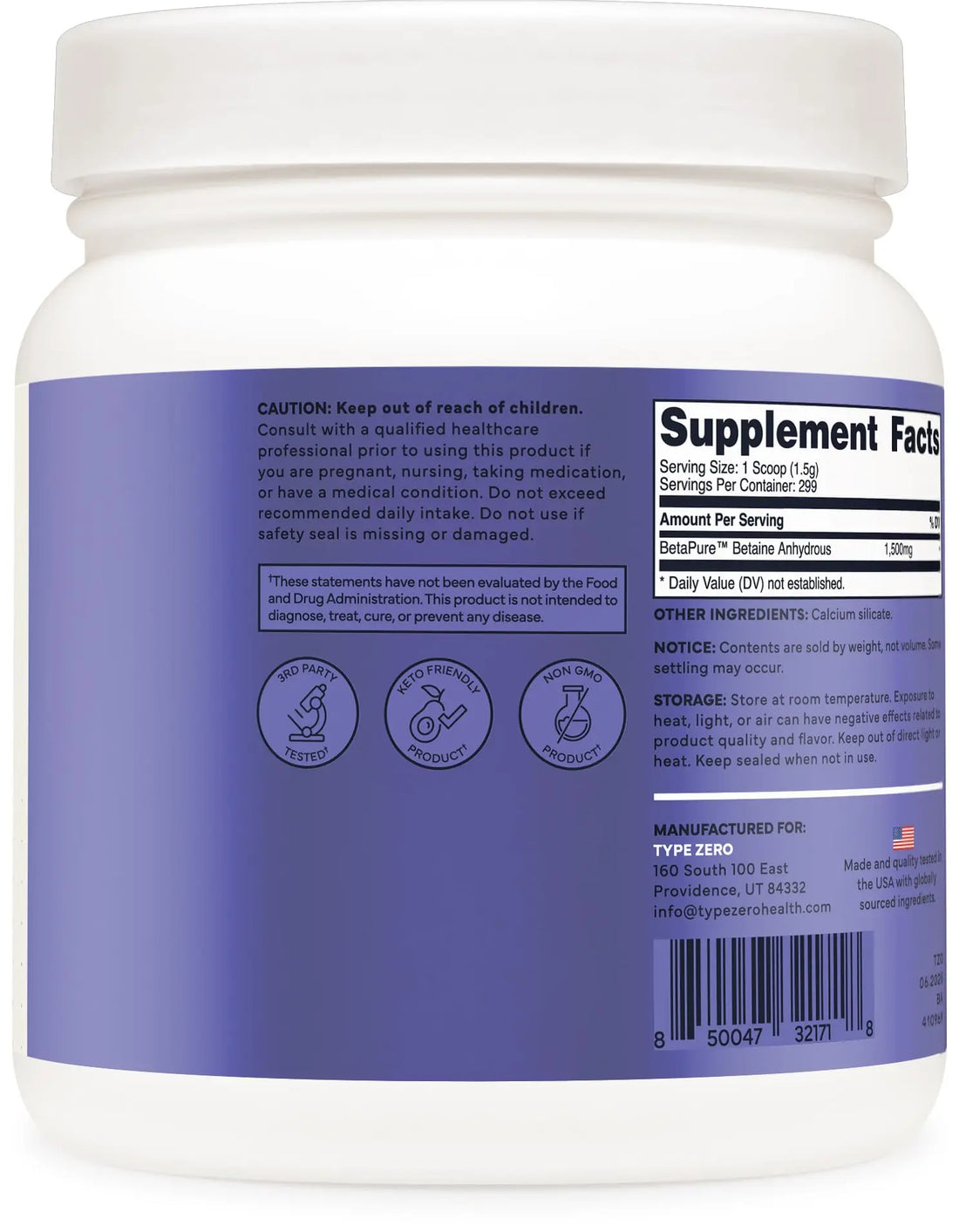 Type Zero Betaine Anhydrous Powder (1 LB) Unflavored - Clean Betaine Anhydrous Supplement, TMG, Trimethylglycine, 1,500mg Per Serving, Keto, GMO-Free Type Zero Au supplements
