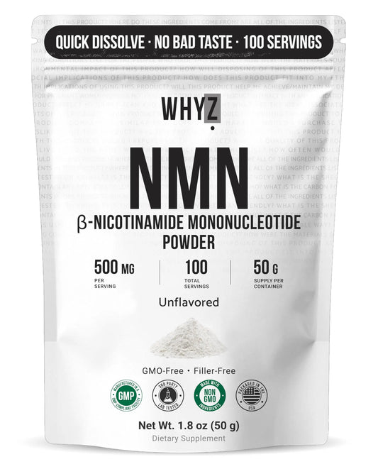 Pure NMN Powder Nicotinamide Mononucleotide Quick Dissolved NMN Supplement Powder 100% Unflavored NMN Supplement Supports NAD+ Levels Vegan Friendly Non-GMO, 50g WHYZAU supplements