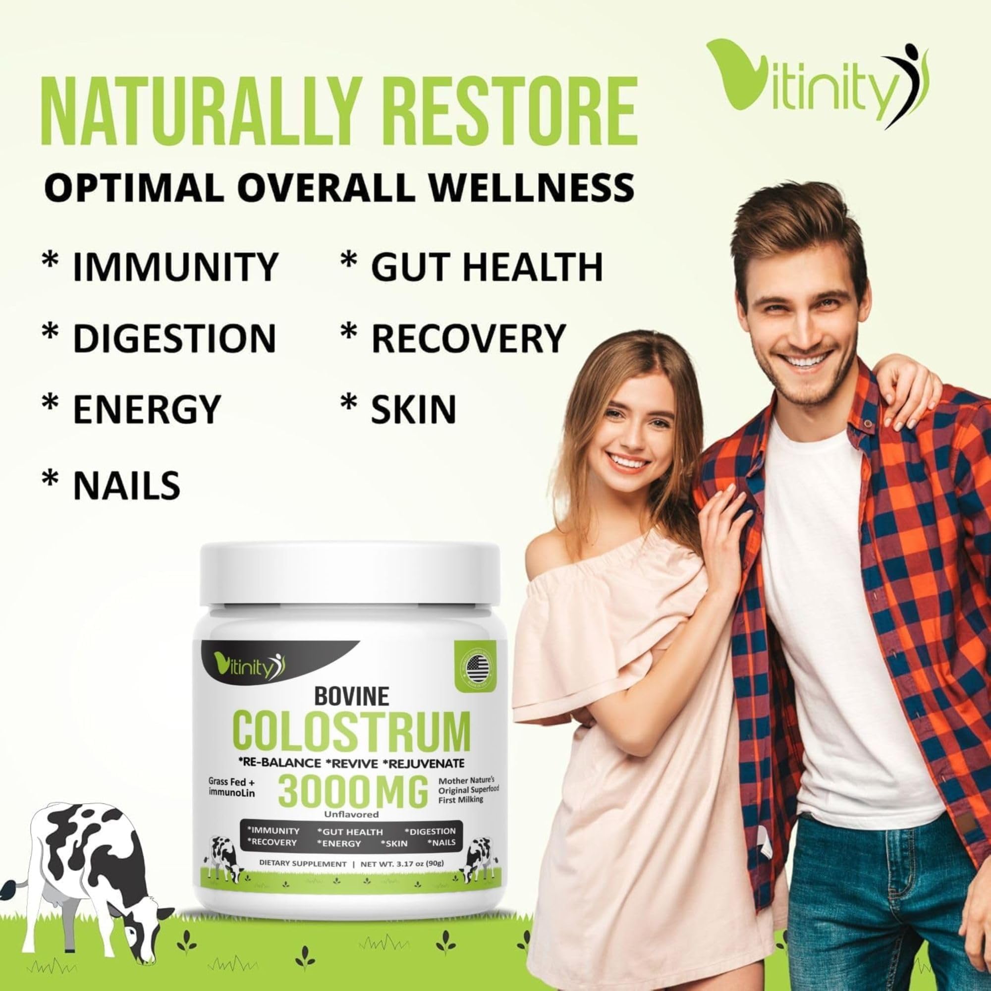 VITINITY Grass Fed Bovine Colostrum Powder for Humans 3000 mg - Natural IgG Colostrum Supplement Gut Health, Immune Support, Muscle Recovery, Wellness | Pure Colostrum Superfood,Unflavored 2 Pack VITINITY Au supplements