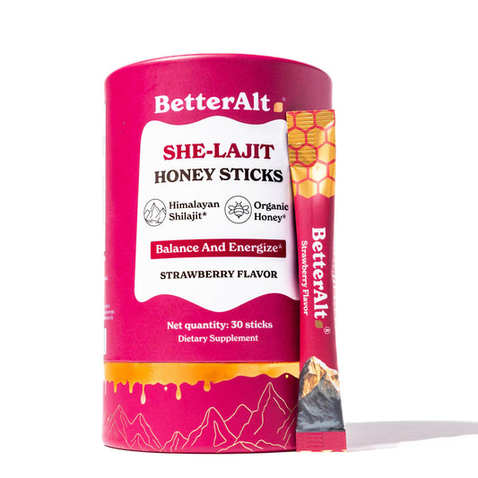 BetterAlt SHE-Lajit Strawberry Honeysticks|Shilajit for Women with Shatavari & Saffron for hormonal Balance & Energy Boost|Tasty Honeysticks Better AltUS supplements