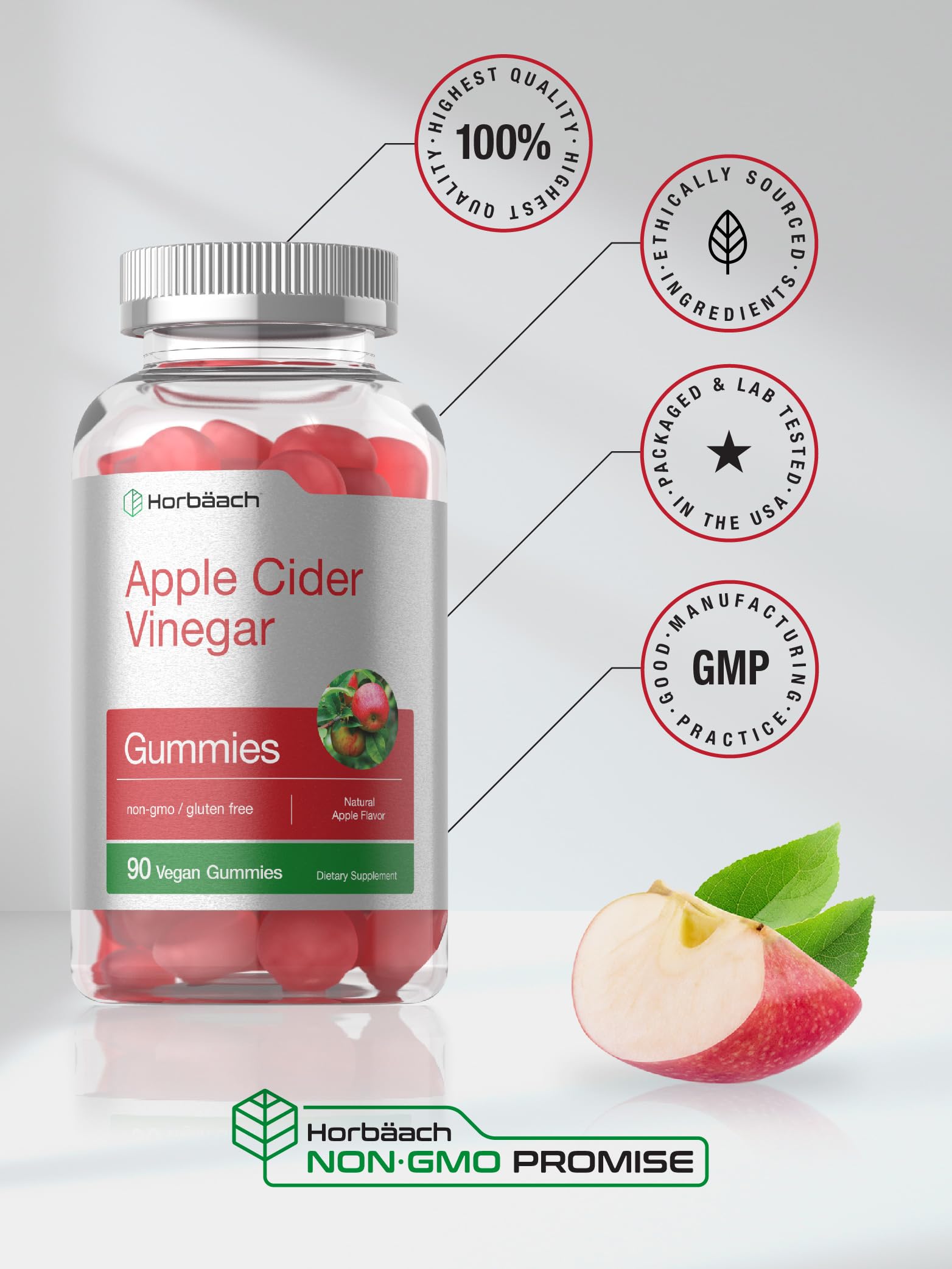 Vegan Apple Cider Vinegar Gummies | 90 Count | ACV Supplement | Natural Apple Flavor Horbäach Au supplements