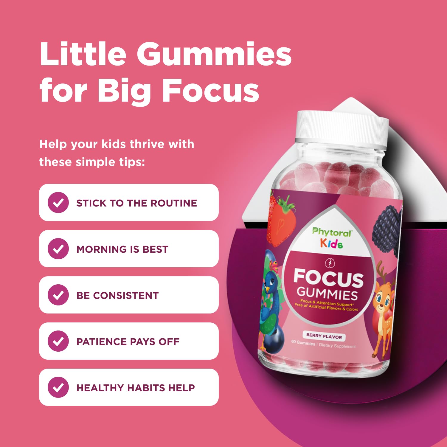 Phytoral Vegan Kids Focus Gummies - Potent Chewable Brain Support for Children - Enhances Concentration & Memory - Calming Supplements & Focus Gummies for Kids - Non-GMO & Gluten-Free - 60 Count Phytoral Au supplements