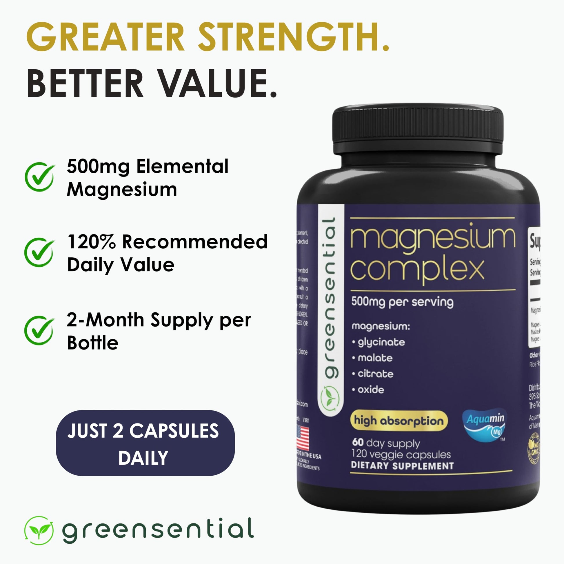 Greensential 5-in-1 Magnesium Complex 500mg | Glycinate, Malate, Citrate, Oxide & Aquamin® | for Sleep, Muscle & Heart Support | High Absorption, Vegan, 120 Capsules Greensential Au supplements