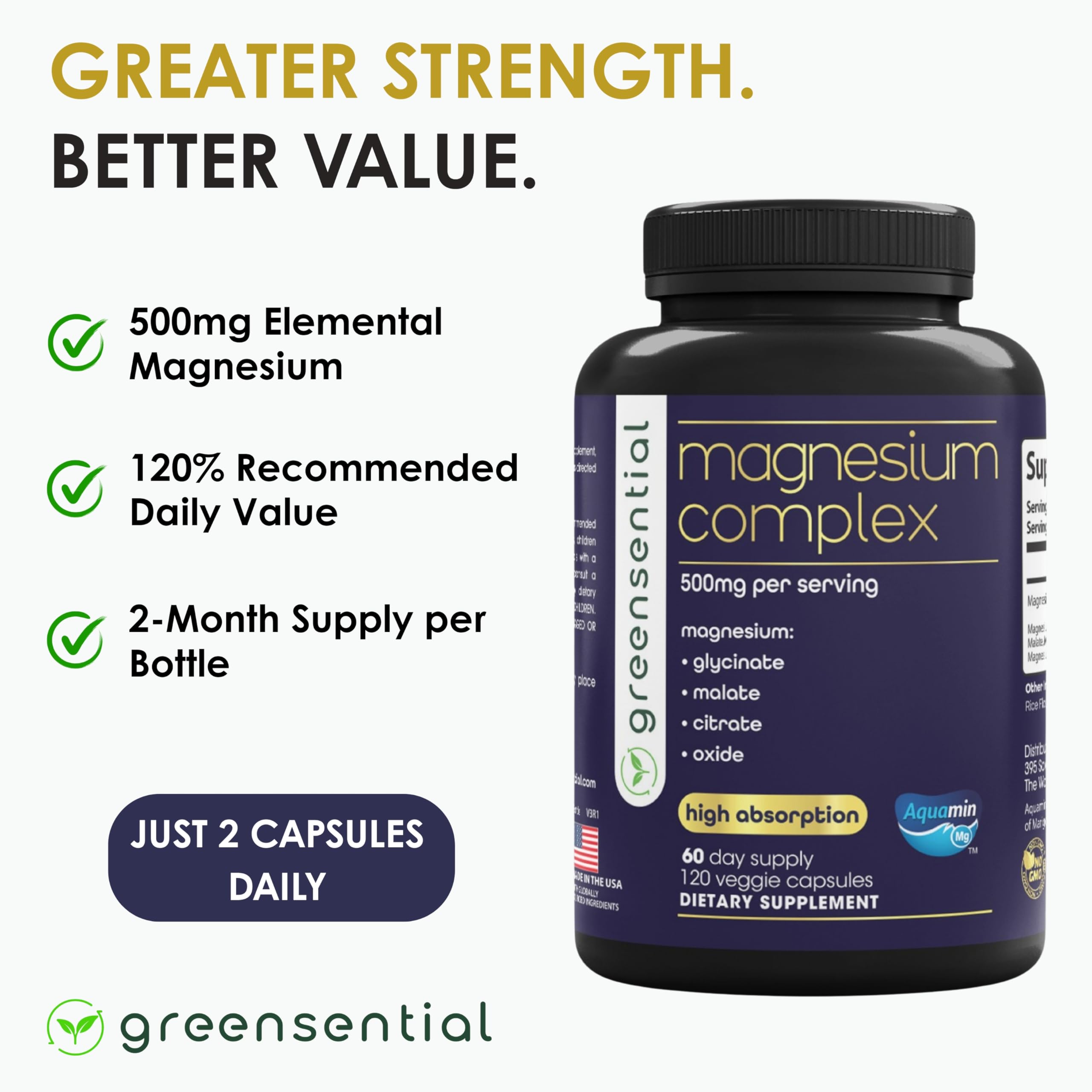 Greensential 5-in-1 Magnesium Complex 500mg | Glycinate, Malate, Citrate, Oxide & Aquamin® | for Sleep, Muscle & Heart Support | High Absorption, Vegan, 120 Capsules Greensential Au supplements