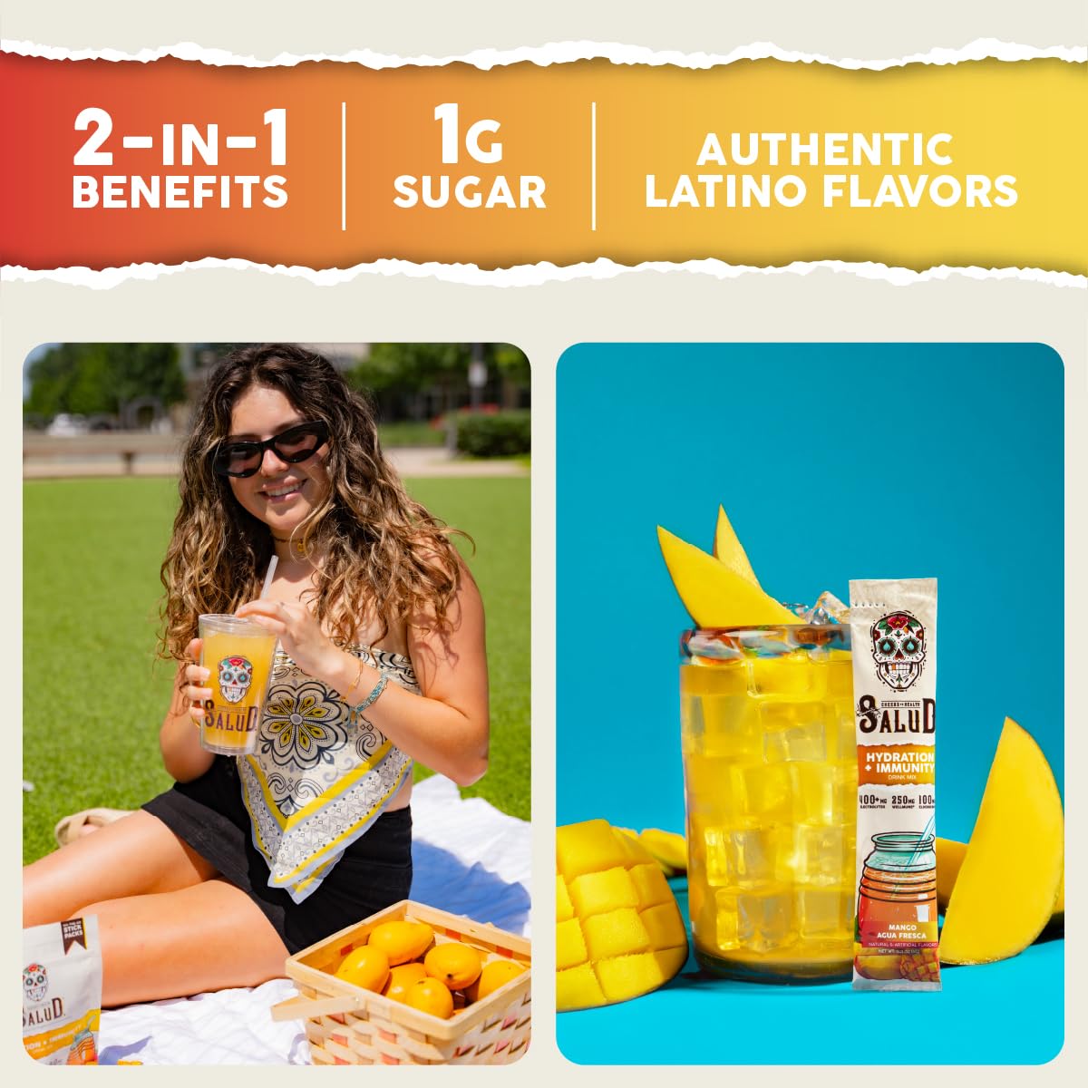Salud 2-in-1 Hydration Packets + Immunity Electrolytes Powder, Mango - Agua Fresca Drink Mix, Elderberry, Dairy & Soy Free, Non-GMO, Gluten Free, Taste SaludUS supplements