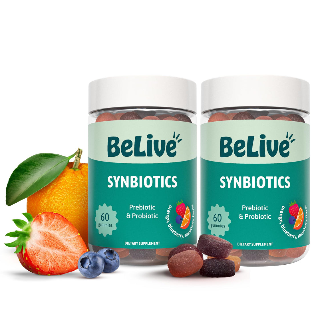 BeLive Synbiotics - Probiotic & Prebiotic Fiber Gummies – High Strength Inulin (3g), Dietary Fiber Supplement, Digestive Support for Kids & Adults - Strawberry, Orange, BeLive uk supplements