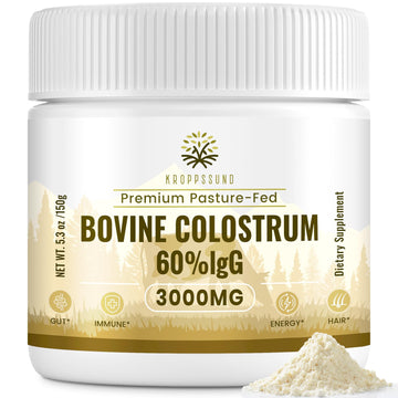 Kroppssund Bovine Colostrum Powder Supplement 3000 mg - Extra High 60% IgG Bovine Colostrum - Gut, Bone, Exercise, Immune - 50 Servings (1 Bottle) Kroppssund Au supplements