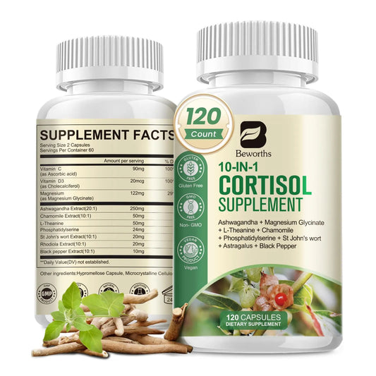 B BEWORTHS Cortisol Supplements for Women Men, 10-in-1 Cortisol Detox with Ashwagandha, Magnesium, L-Theanine, Balanced Cortisol Levels, Night & Calm Support, 120 Vegan Capsules B BEWORTHSAU supplements