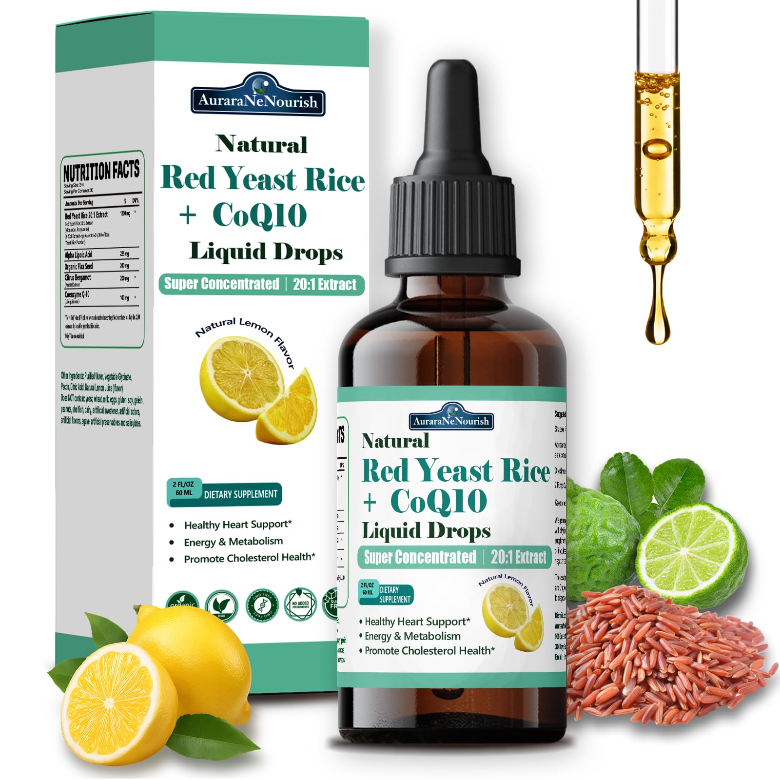 Liposomal Red Yeast Rice with Coq10 Liquid Drops, 5-in-1 Extra Strength 1200mg Cholesterol & Heart Support w. Citrus Bergamot Alpha Lipoic Acid | Cholesterol Lowering Supplement | GMO & Citrinin Free AuraraNeNourish Au supplements