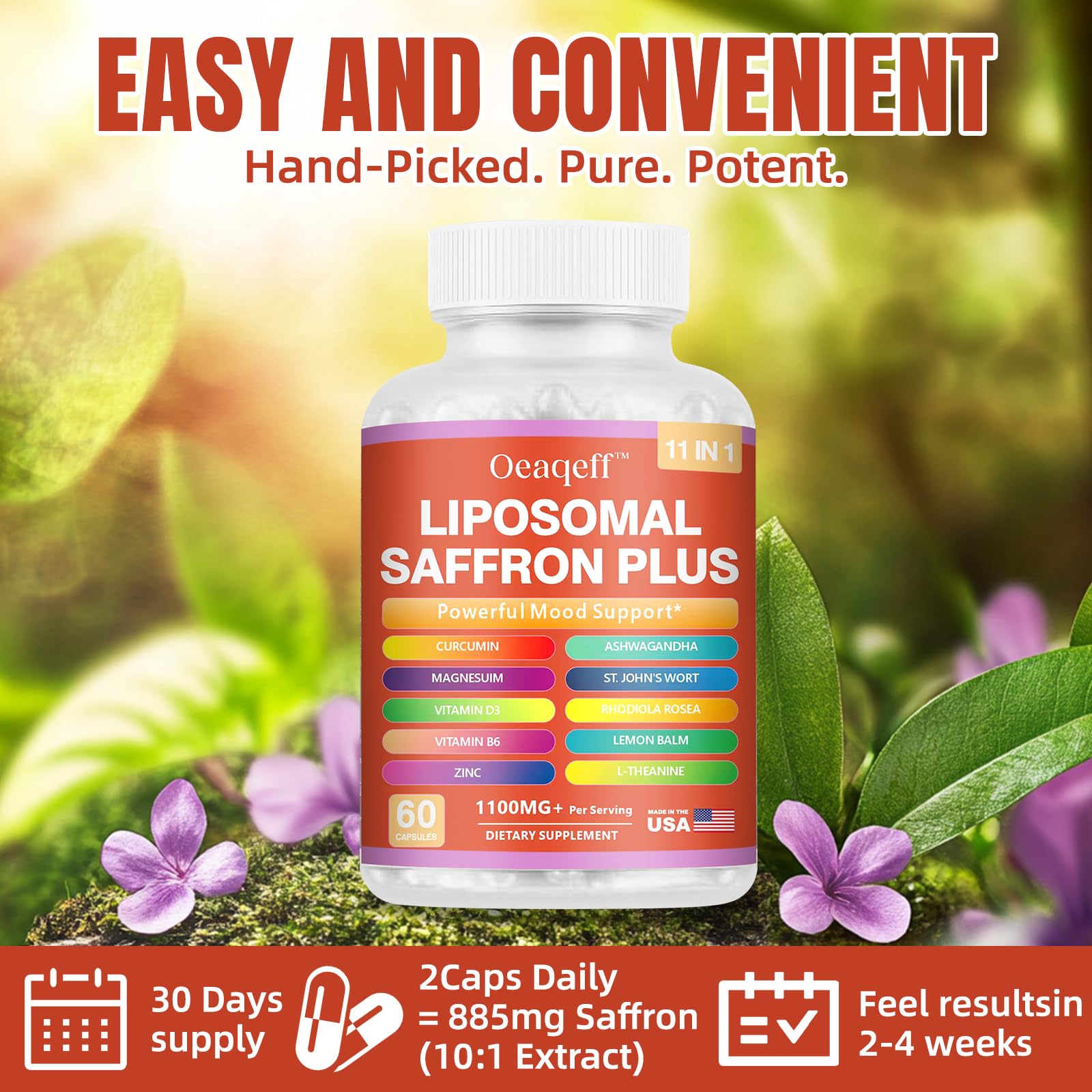 Oeaqeff Liposomal Saffron Supplements -11 in 1 100% Pure Saffron Extract 88.5 mg Maximum Absorption for Mood, Energy & Vision,Vegan, Non-GMO - 60 Vegan Capsules (1) Oeaqeff Au supplements