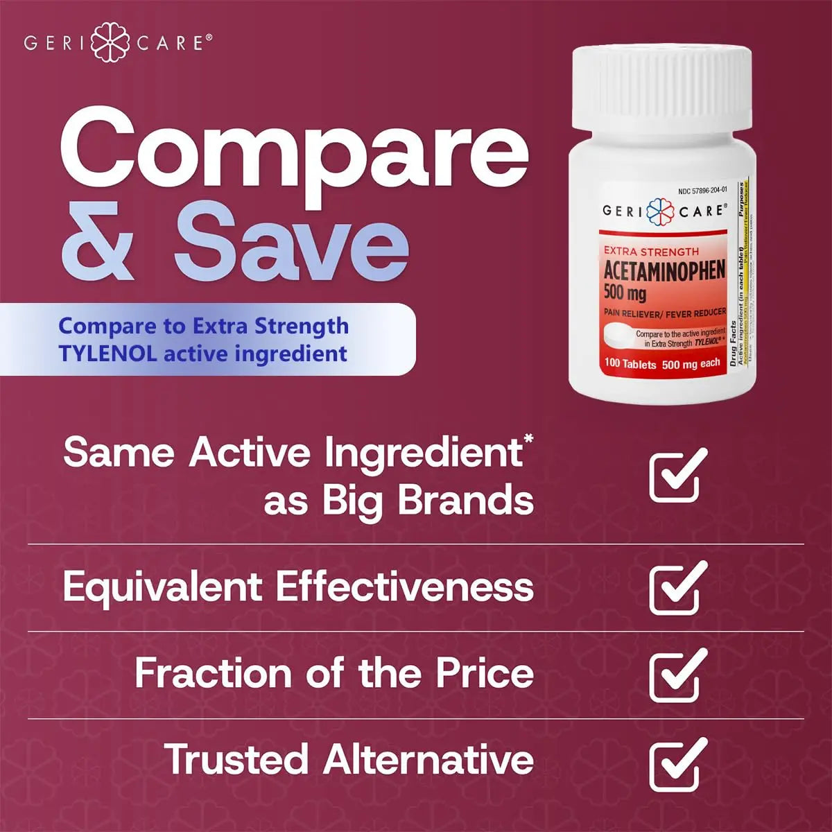 GeriCare Extra Strength Acetaminophen Pain Relief Fever Reducer Tablets, Strength 500mg Tablet | Joint, Muscle, Arthritis, Back Pain, Body Pain Relief, 100 Count (Pack of 2) GeriCare Au supplements