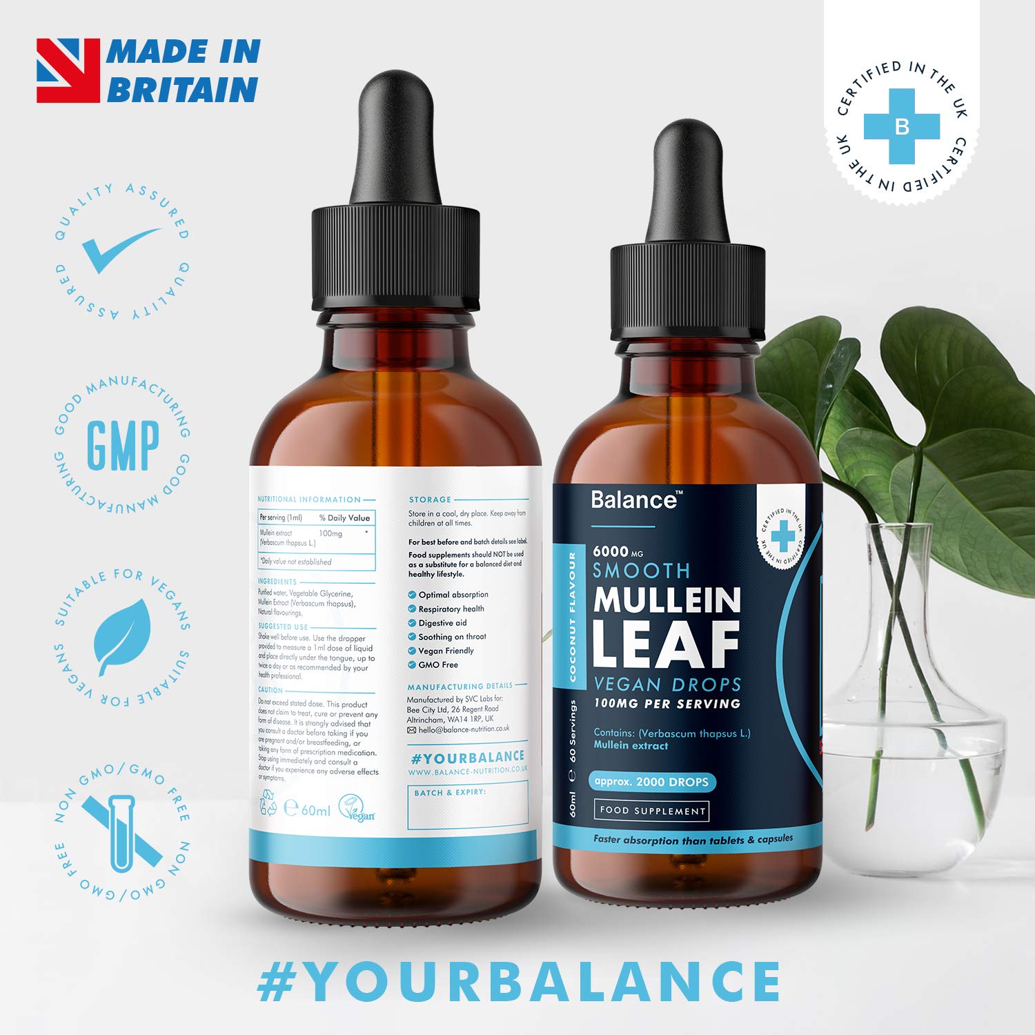 Balance Mullein Leaf Liquid Drops - 60ml for 2 Month Supply - High Strength - Vegan Balance Au supplements