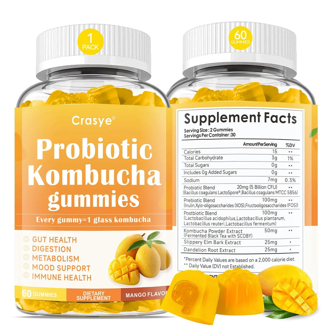 Crasye Probiotic Kombucha Gummies Sugar Free Prebiotic Postbiotic Probiotics Gummies with Slippery Elm for Women and Men Bloating Gut Health Immune and Digestive Support - 60 Gummies - 30 Servings Crasye uk supplements