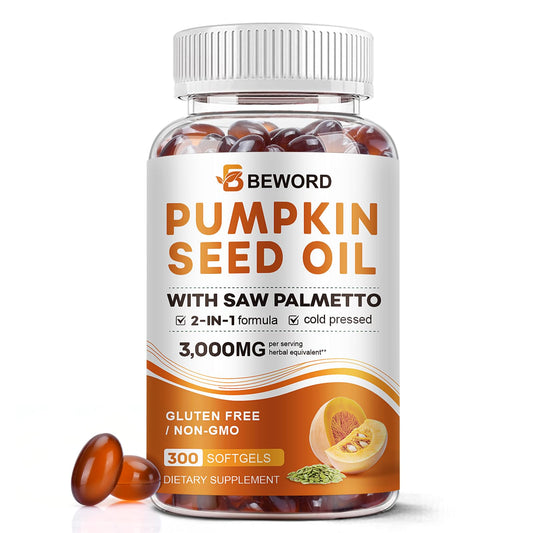 Pumpkin Seed Oil with Saw Palmetto Capsules, 3000mg/serving, 300/600 Softgels | Cold Pressed, Pure Virgin Oil, Essential Fatty Acids & Phytosterols | Supports Hair, Urinary BEWORDUS supplements