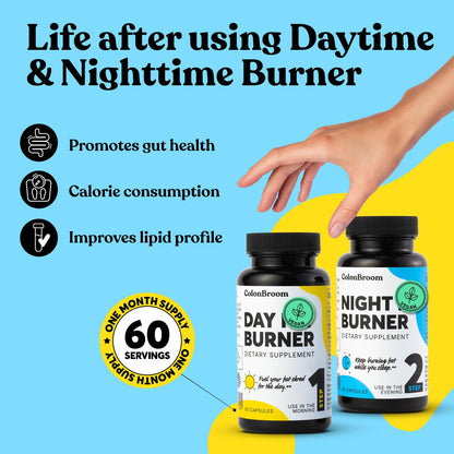 ColonBroom Psyllium Husk Powder, Colon Broom Colon Cleanser Fiber Supplement for Bloating Relief & Gut Health + Day & Night Burner Supplements, Weight Management Pills (60 & 50 Servings), 3 Items ColonBroomBuy Supplements Australia