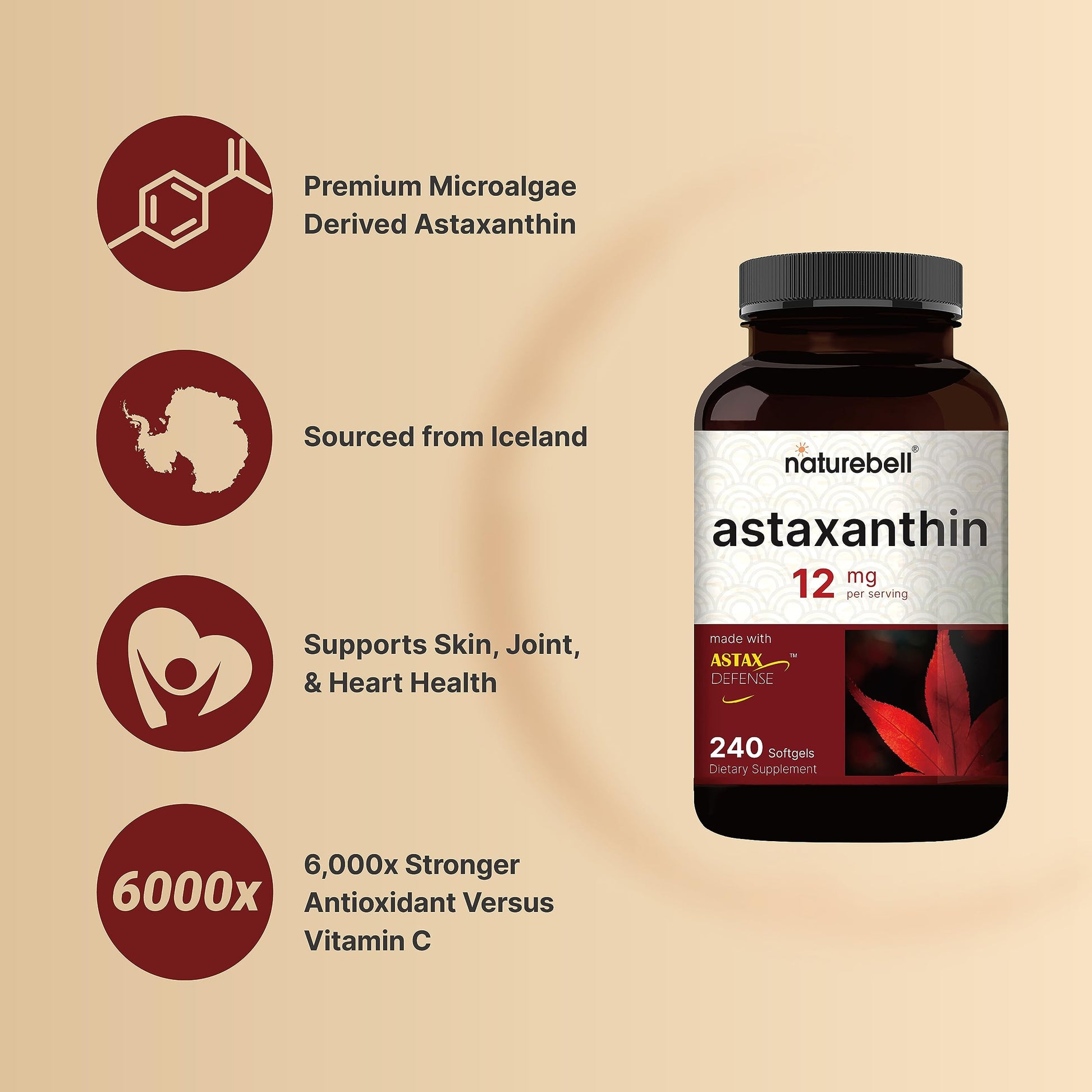 NatureBell Astaxanthin 12mg, 240 Softgels, Made with Astax, Max Strength NatureBell Au supplements