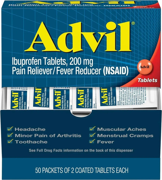 Advil Ibuprofen Tablets, 200 mg Pain Reliever/Fever Reducer (NSAID), 100 Tablets (50 Packets of 2 Tablets Each) AdvilAu supplements